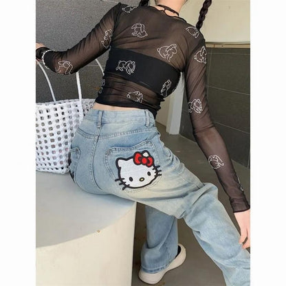 New Hello Kitty Wide Leg Pants Women's Spring Girl China-Chic Embroidery Loose Skinny Straight Leg Denim Pants Straight Trousers