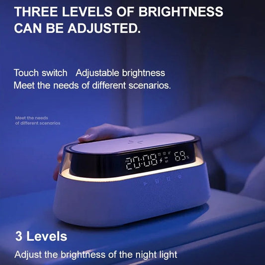 6-in-1 Smart Alarm Clock - 15W Wireless Charger, Bluetooth Speaker, FM Radio, Dual Alarm, USB Charger & RGB Night Light