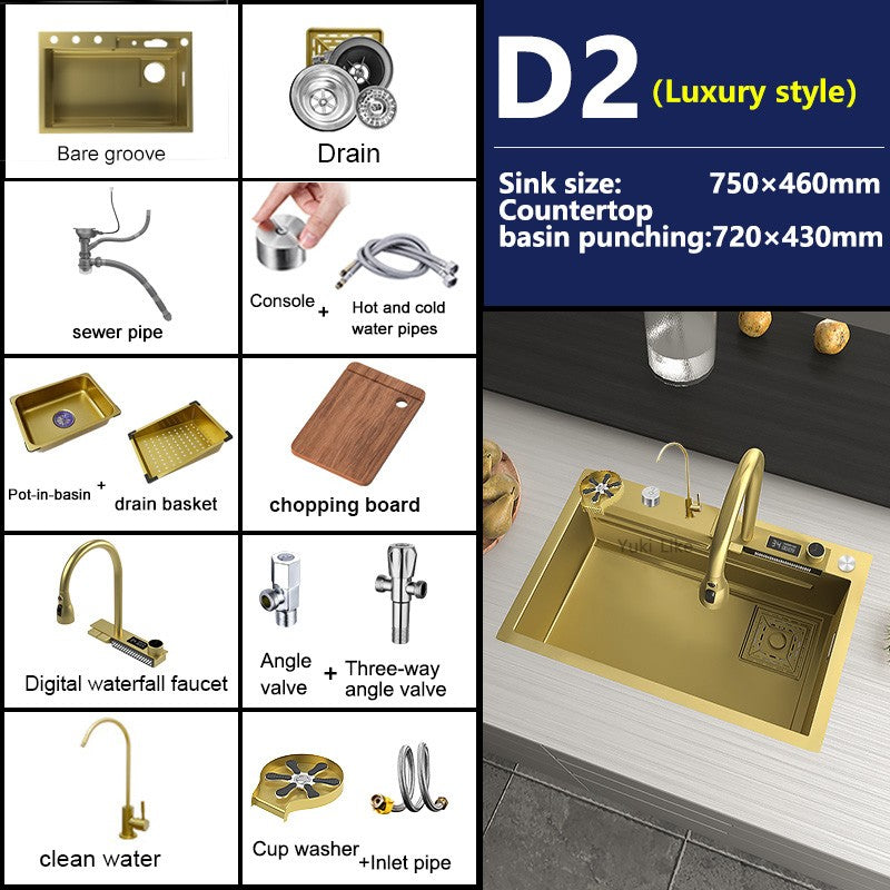 Stainless Steel Golden Kitchen Sink Multifunctional Waterfall Outlet Single Slot Piano Button Digital Display