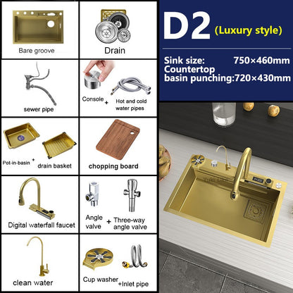 Stainless Steel Golden Kitchen Sink Multifunctional Waterfall Outlet Single Slot Piano Button Digital Display