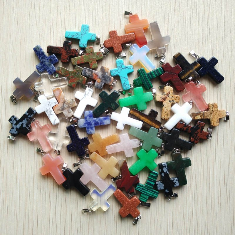 Wholesale 50pcs/lot Fashion Hot Sell Natural Stone Mixed Color Assort Cross Pendants Charms Fit Necklaces Jewelry Making
