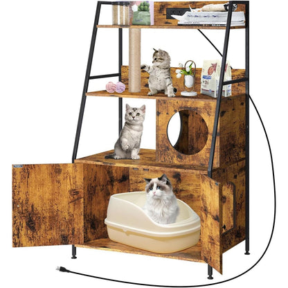Caixa de Areia para Gatos com Estação de Carregamento e Prateleiras - Móvel Alto Escondido com Ajuste Universal, Armário de Armazenamento (Preto)