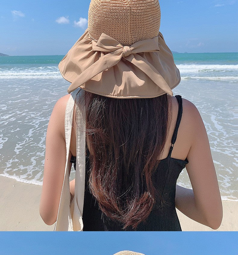 Summer Sun hat women's straw woven anti ultraviolet sun visor hat with big brim seaside black glue breathable Bucket hat sun hat