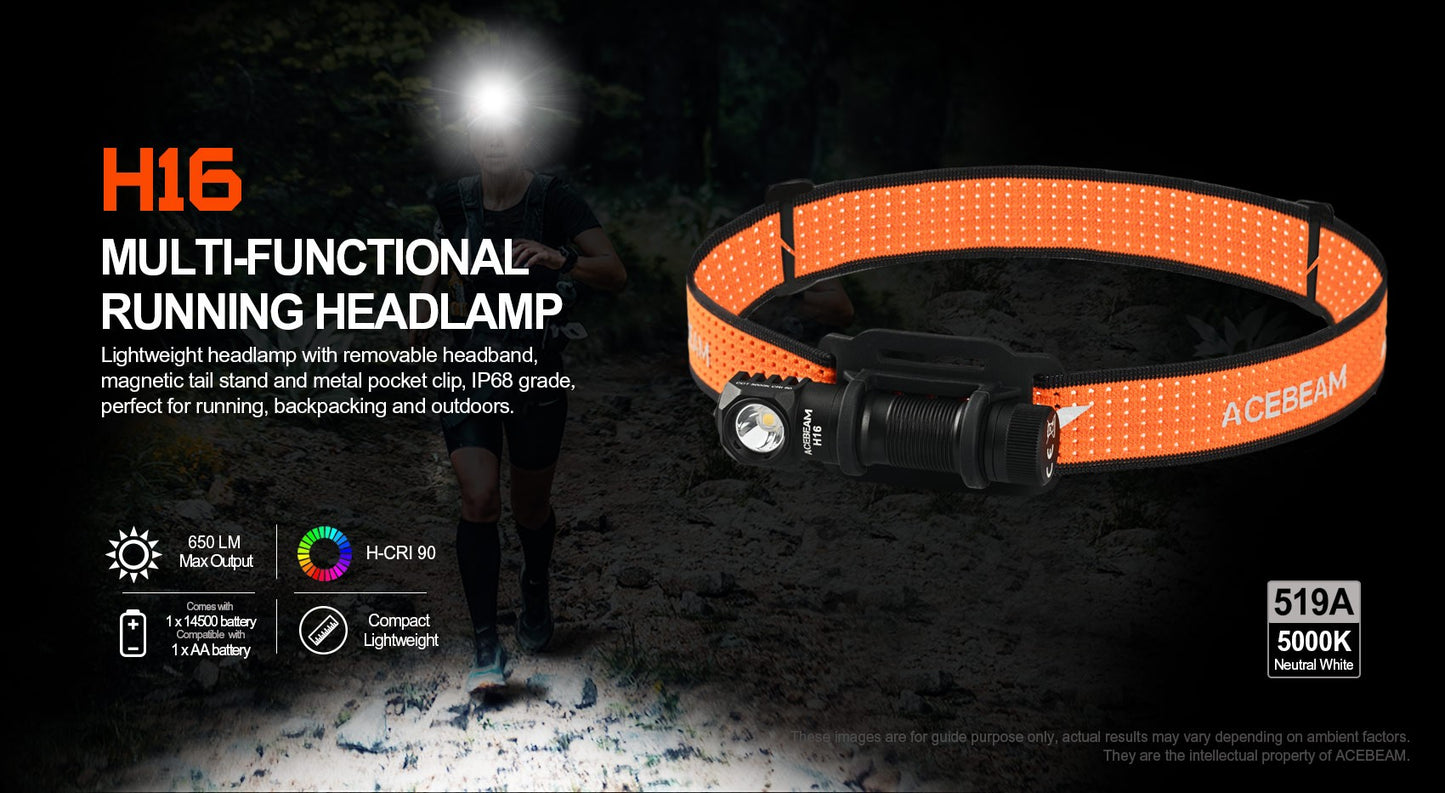 ACEBEAM High CRI LED Headlamp H16 Super Lightweight Rechargeable EDC Flashlight For Camping Working with Wide Voltage(1.2–4.2V)