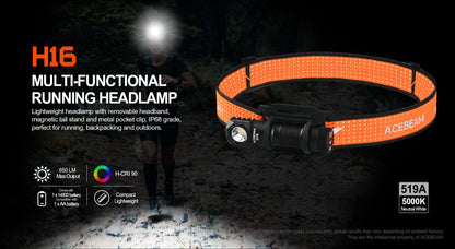 ACEBEAM High CRI LED Headlamp H16 Super Lightweight Rechargeable EDC Flashlight For Camping Working with Wide Voltage(1.2–4.2V)