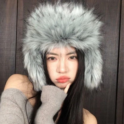 Gorro de inverno russo feminino com proteção de orelha de pele sintética, gorro corta-vento quente para senhoras, moda de luxo, chapéu de esqui de cor sólida com aba larga