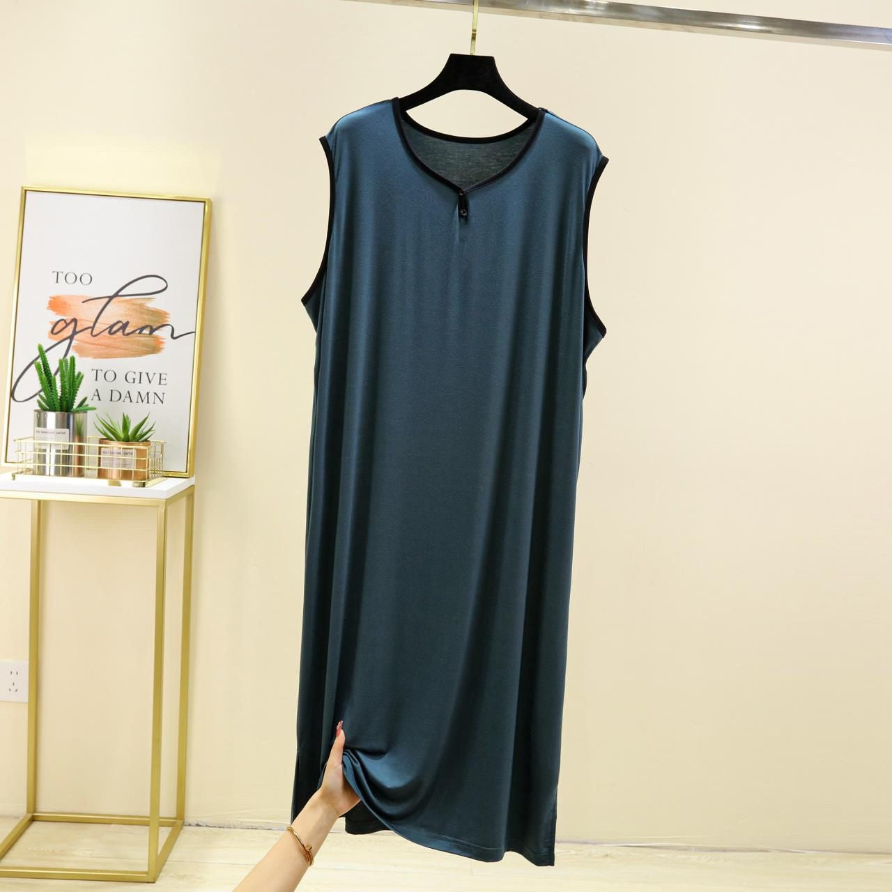 Modal Cotton Men Plus Size Pajamas Night Gown for Summer Solid Color Thin Sleeveless Medium Long Loose Button Vest Style Dress