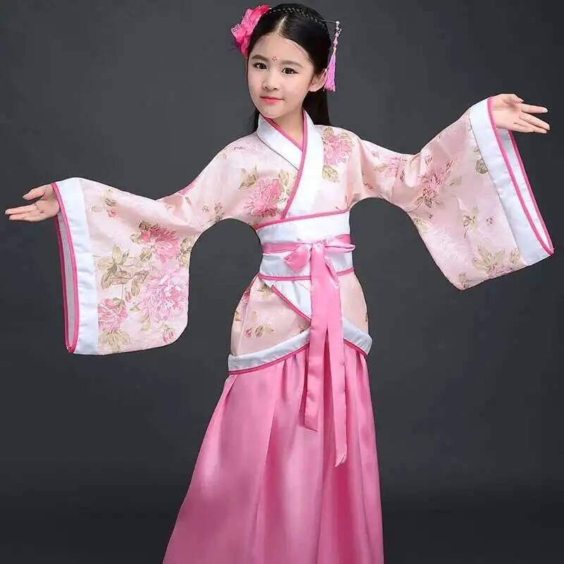 Hanfu Chinese Costume Girls Children Kimono Traditional Vintage Ethnic Fan Students Dance Halloween Japanese Yukata Kimono Style