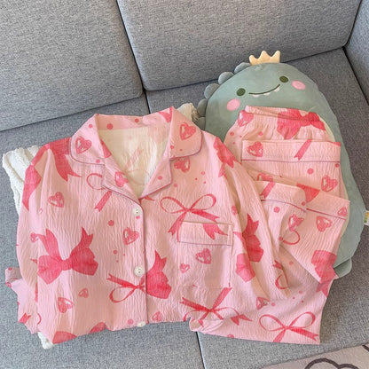 Women's Pajamas Set Bow Print Sleepwear Button Down Tops Long Pajama 2 Piece Suit Pyjama Femme Nightwear Loungewear for Winter