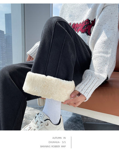 Winter Fleece Thickened High Waist Warm Trousers for Women Solid Color Loose Elastic Waist Straight Casual Pants