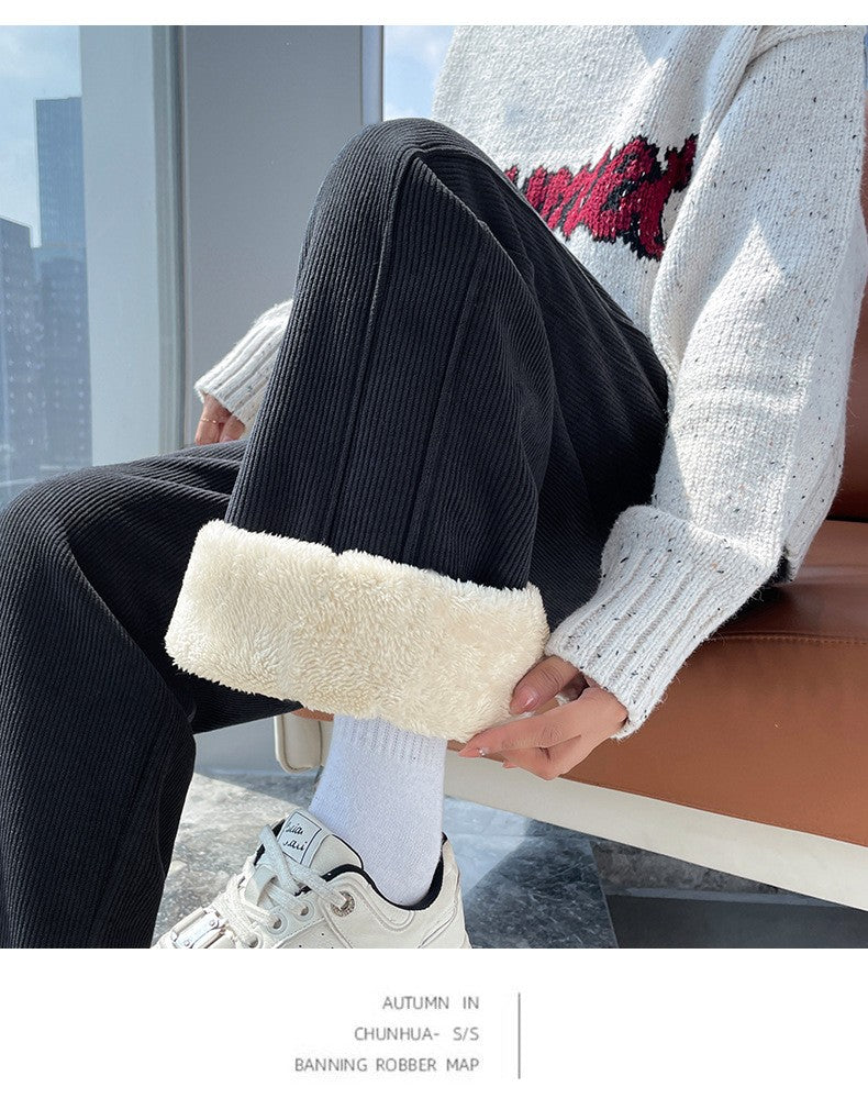 Winter Fleece Thickened High Waist Warm Trousers for Women Solid Color Loose Elastic Waist Straight Casual Pants