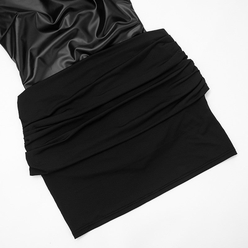 Nsauye Women Basic Pullover Casual Turtleneck Short Wrap PU Leather Y2K Dress 2026 Spring Summer Sexy Club Party Evening Dress