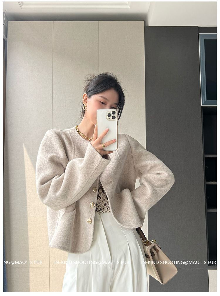 Women's New Round Neck Single-breasted Double-sided Tweed Coat Fashionable Casual and Versatile Elegant Top