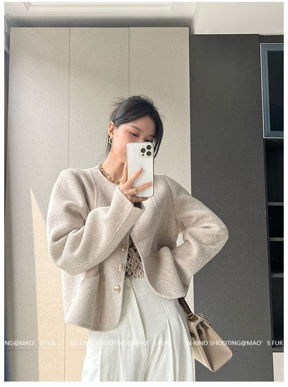Women's New Round Neck Single-breasted Double-sided Tweed Coat Fashionable Casual and Versatile Elegant Top