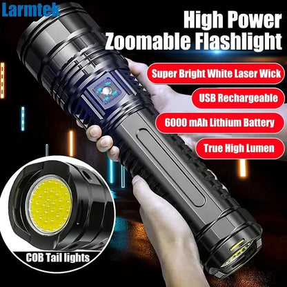 Super Bright LED Handheld Outdoor Flashlight, Adjustable Zoom, USB Rechargeable and dischargeable with Type-C Interface 1800mah