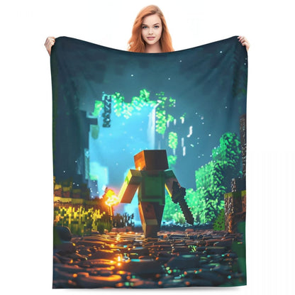 Cartoon Mines Pixel Game Crafts Flannel Blanket Super Warm Throw Blanket for Home Decor Decorative Street Trend Bedspread