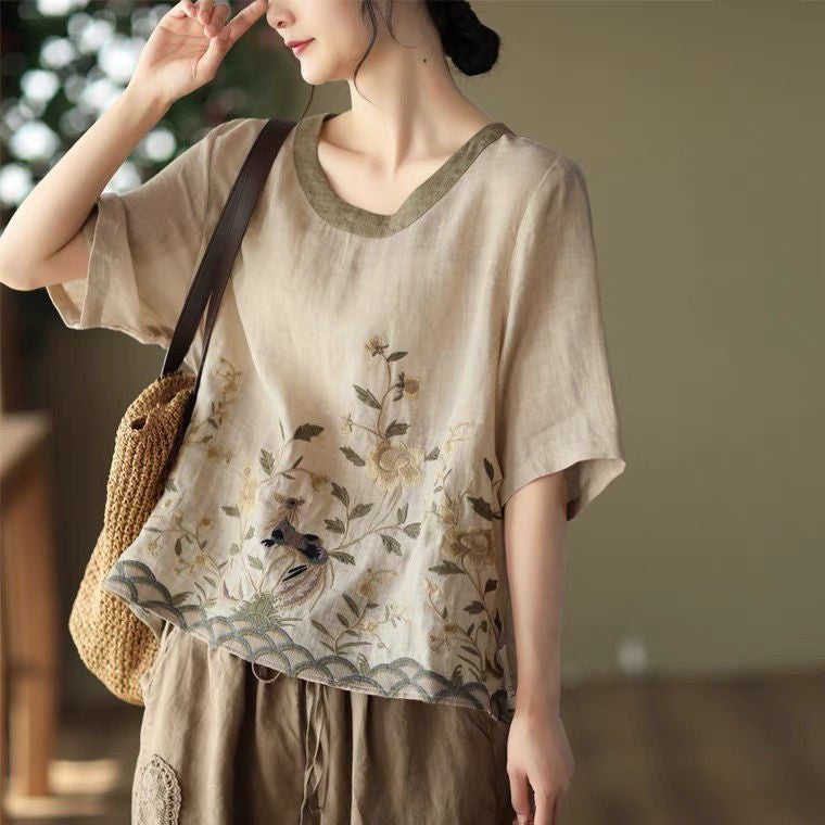 Cotton Linen Embroidered Floral Blouses Women's Chinese Classic Loose Shirt Top Casual Retro O Neck Short Sleeve Summer Shirts
