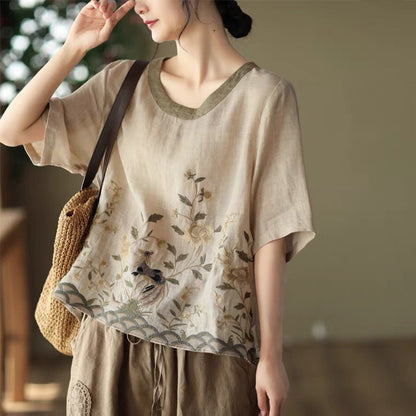 Cotton Linen Embroidered Floral Blouses Women's Chinese Classic Loose Shirt Top Casual Retro O Neck Short Sleeve Summer Shirts