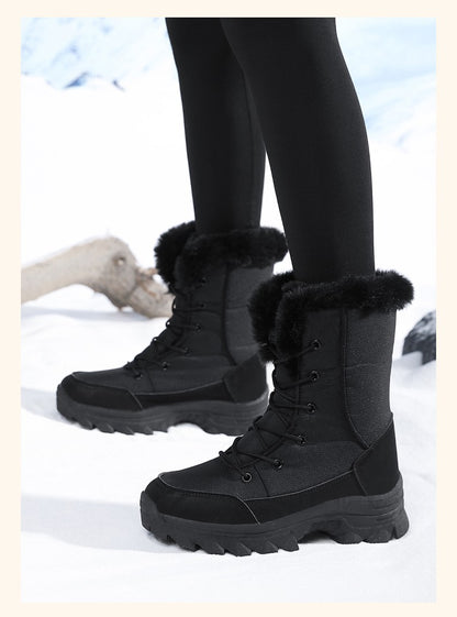 2025 Women's Snow Boots Beige Lace-up Waterproof Antiskid Female New Ankle Boots Walking Shoes plush Winter Warm Mid-Calf Boots