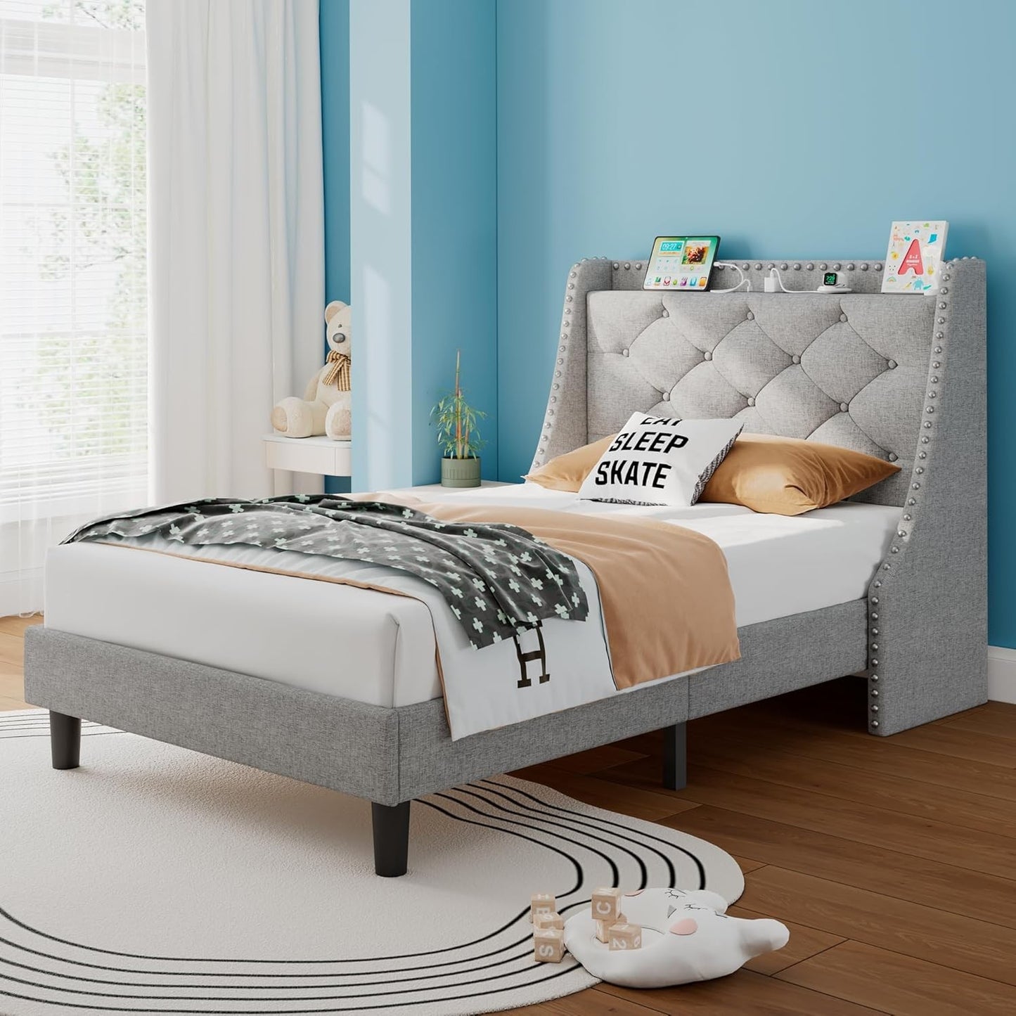 iPormis Velvet King Bed Frame with 16" Comfort Wingback & USB & Charging Station, Upholstered Platform Bed with Button Tufted St