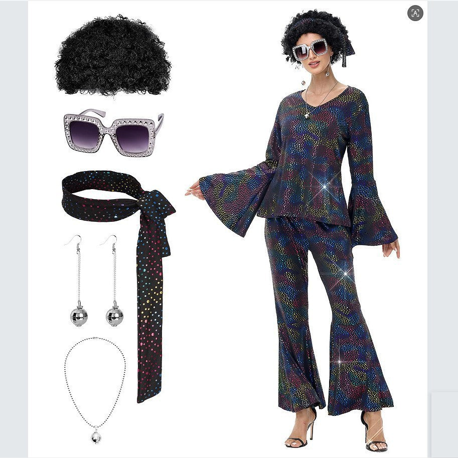 Ladies' Halloween disco party 70s disco costume set, including top, pants, sunglasses, necklace, earrings, and wig, role-playing