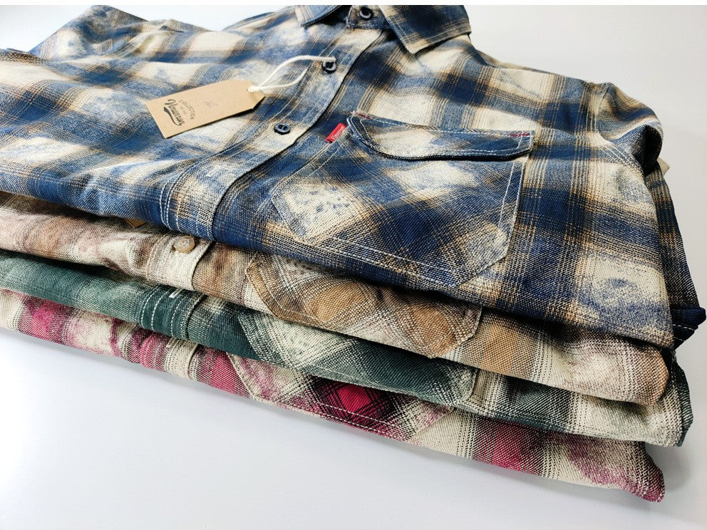 Autumn New Japanese Retro Long-Sleeve Lapel Plaid Cargo Shirt Men's Simple 100% Cotton Washed Pocket Casual Blouses Thin Coat