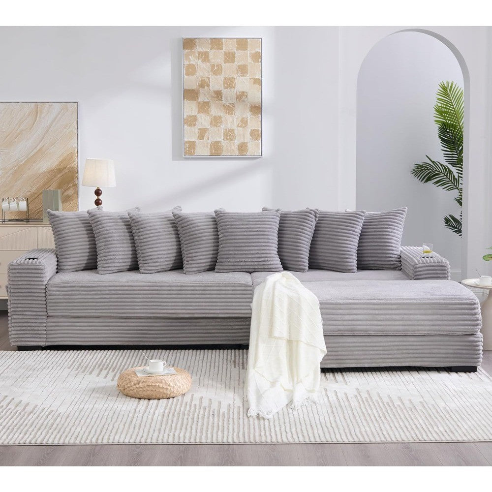 Sleeper Sofa Bed King, Corduroy Modular L Shaped Sofa, Oversized Reversible Chaise Lounge, Modern Sectional Couch with Ottoman