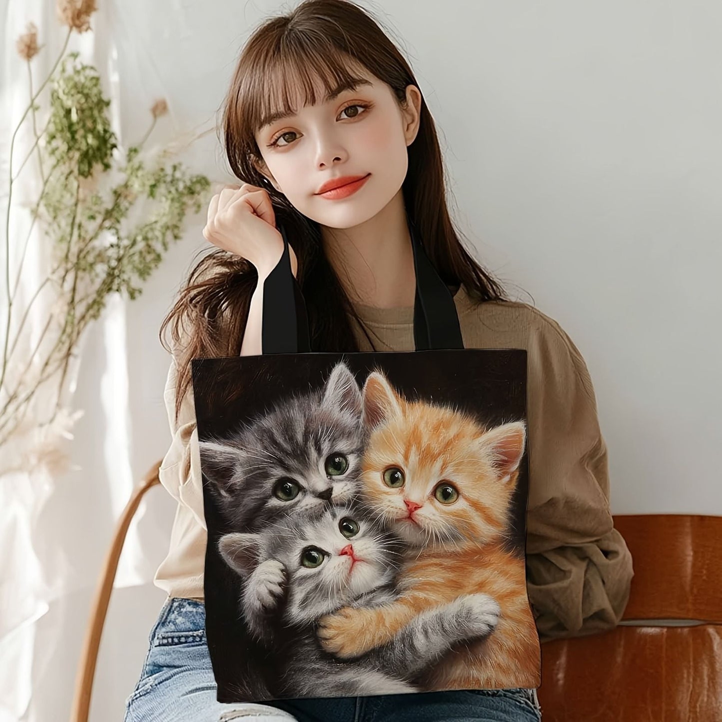 Cute Snuggling Kittens Tote Bag Durable Polyester Foldable Reusable Shopping Bag with Colorful Cat Large Capacity Handbag