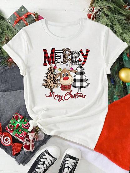 Casual Women Christmas T Shirt Fashion Cute Deer Leopard Christmas Tree Print T-shirt Cartoon Printed Short Sleeve Female T-Shir