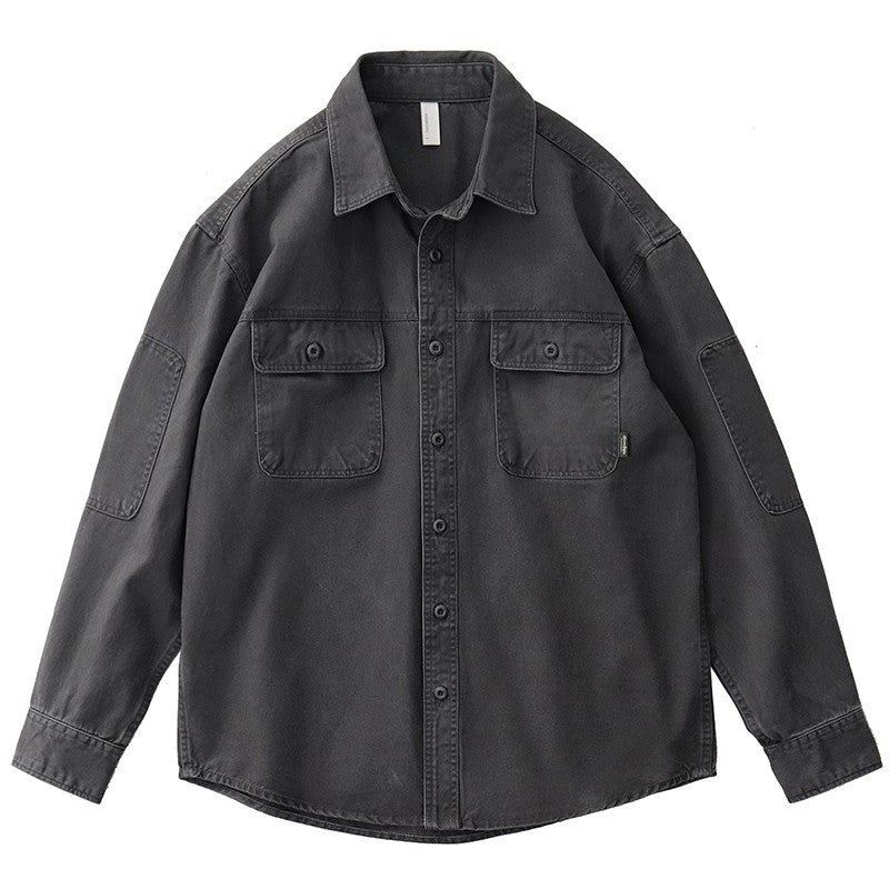 2025 Spring New American Retro Heavyweight Woven Cargo Shirt Men's Simple 100% Cotton Washed Double Pocket Blousers Loose Caot