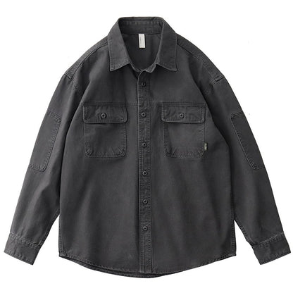 2025 Spring New American Retro Heavyweight Woven Cargo Shirt Men's Simple 100% Cotton Washed Double Pocket Blousers Loose Caot