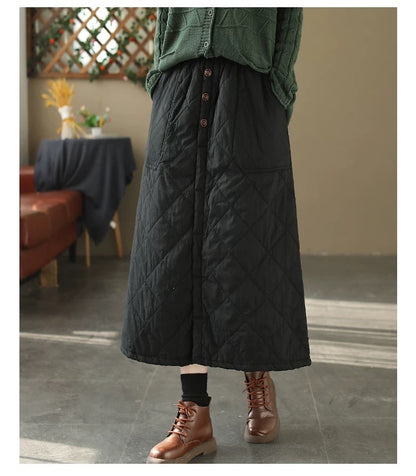 Retro Warm Cotton Quilted Long Midi Skirt High Waist A-Line Skirt for Middle-Aged And ly Women Diamond Patterned f Skirt