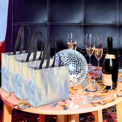 10Pcs Reusable Silver Laser Tote Bag Durable Non Woven Gift Shopping Bag for Wedding Bridesmaid Party Birthday Eco Friendly