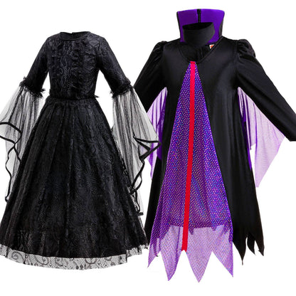 Halloween Costume Cartoon Maleficent Cosplay Dress Fancy Witch Disguise Robe Carnival Devil Queen Dot Tulle Frock