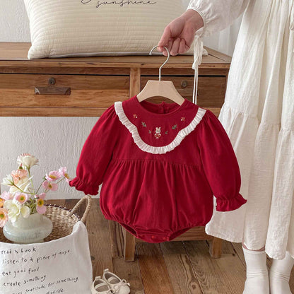 Newborn Christmas Red Clothes Autumn Kids Baby Girls Sweet Petal Collar Princess Rompers Infant New Baby Girls Rompers Clothes