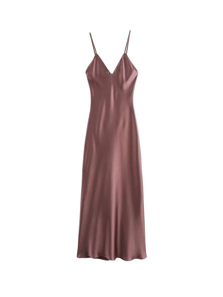 TRZA-Women's Satin Midi Dress, V Neck, Thin Straps, Backless, Female Dresses, Se