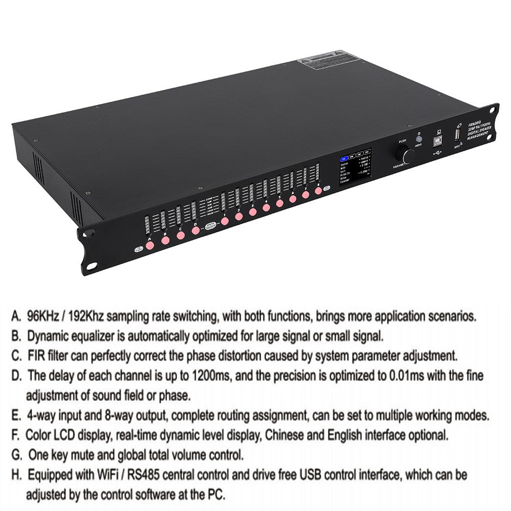 DP48X Processador de Áudio Digital Profissional 4 Entradas 8 Saídas Processador Drive Rack com RIR DEQ Sistema de Gerenciamento de Alto-falantes 192KHZ
