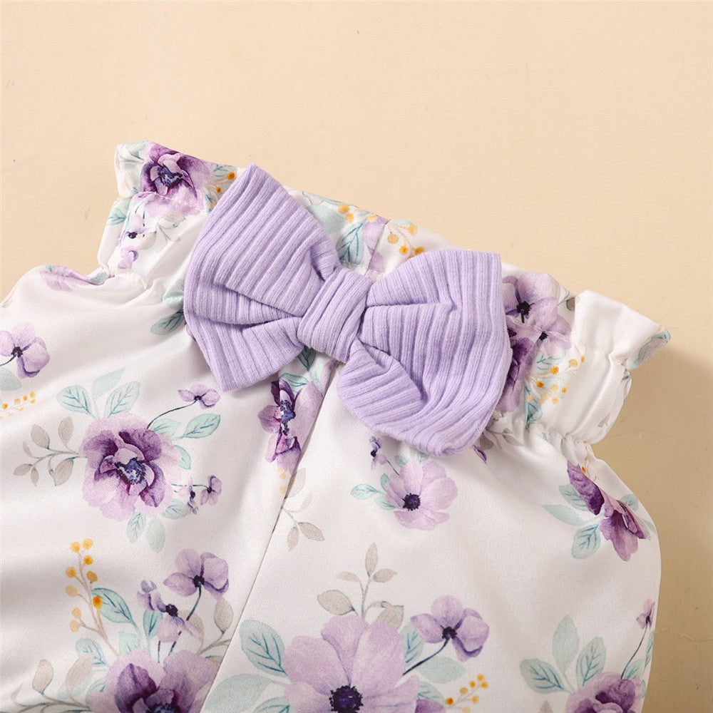 0-18Months Baby Girl Clothes Set Purple Short Sleeve Romper + Flowers Shorts with Headband Toddler Girl Summer 3PCS Outfit