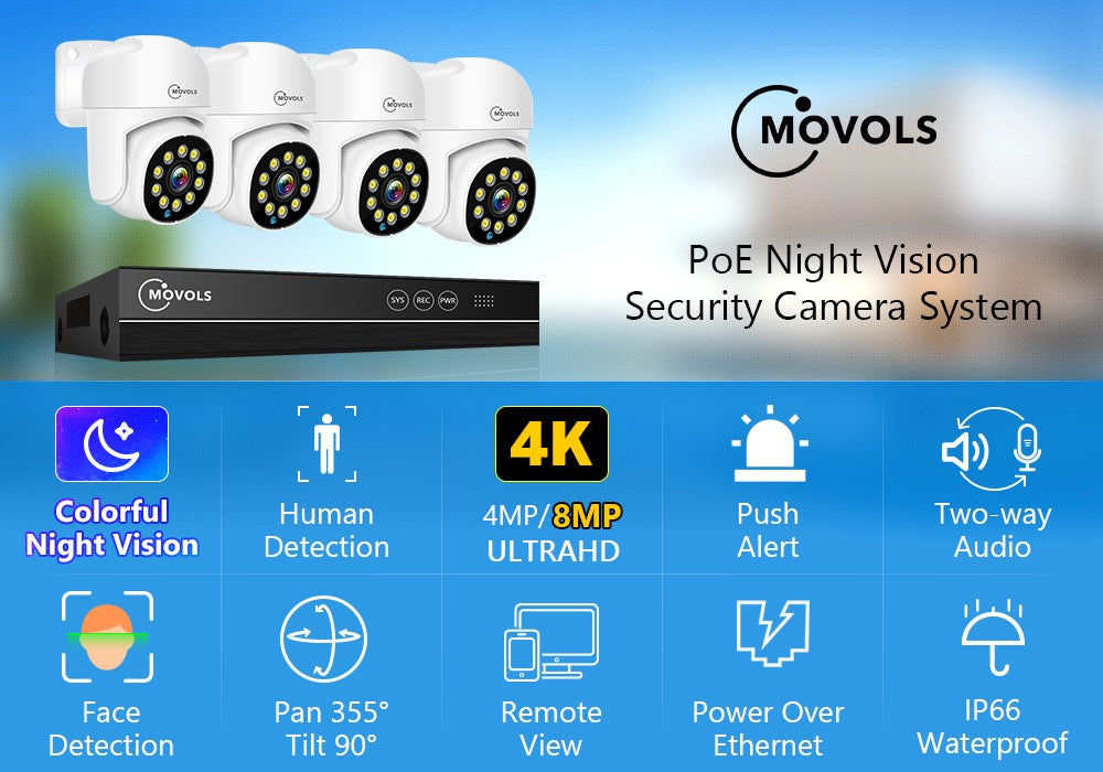 Movols 4K XMEYE POE Surveillance System 8MP 4MP Two Way Audio PTZ CCTV POE AI Security Camera 8CH P2P NVR Video Surveillance Kit