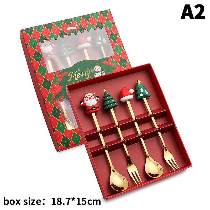 Stainless Steel Christmas Fork And Spoon Set with Gift Box for Coffee Tea Dessert Tableware