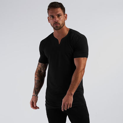 Elastic Slim Fit Summer Cool Quick Dry T-Shirts Mens Running Short Sleeve V-neck Shirts Gym Bodybuilding Fitness Muscle Clothing
