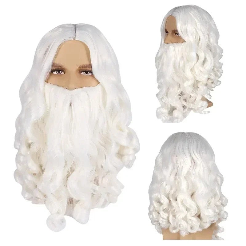 Barba e Peruca de Papai Noel Branca Unissex para Homens Mulheres Acessórios de Fantasia Festa Cosplay de Natal Peruca Sintética Cabelo Longo