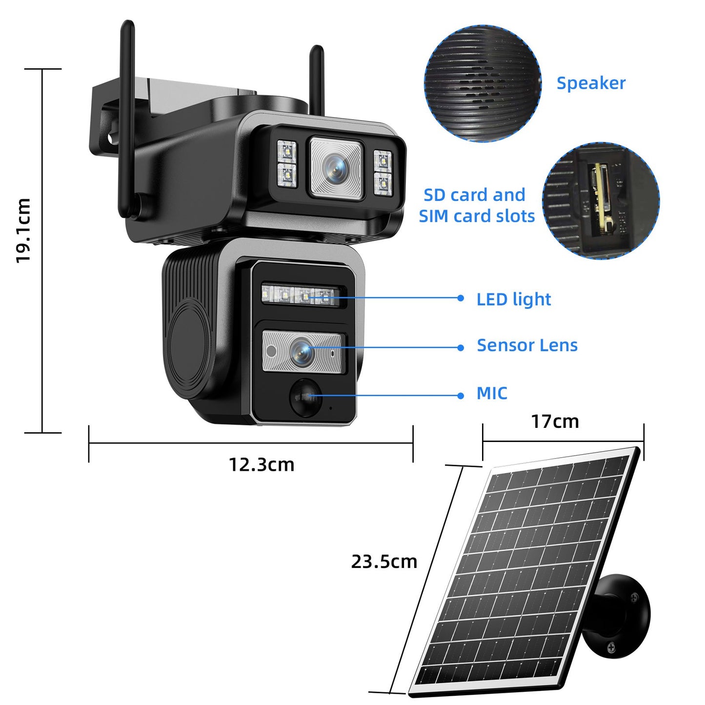 Câmera Solar de Lente Dupla Câmera de Segurança WIFI para Exterior Painel Solar com Bateria Câmeras IP PTZ de segurança CCTV