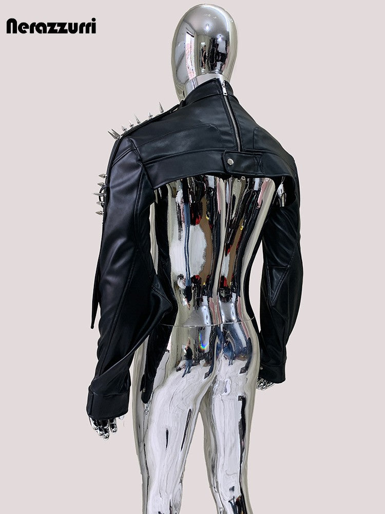 Mauroicardi Cool Black Cropped Pu Leather Jacket Men Rivet Shoulder Pads Zip Up Short Luxury Punk Style Clothes European Fashion