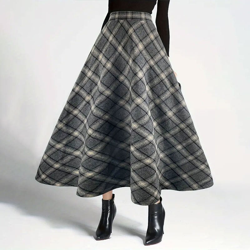 Fairyshely Casual Plaid Print Woolen Long Skirt Women 2025 Summer Ruffle High Waist Midi Skirt Lady Elegant A line Pleated Skirt