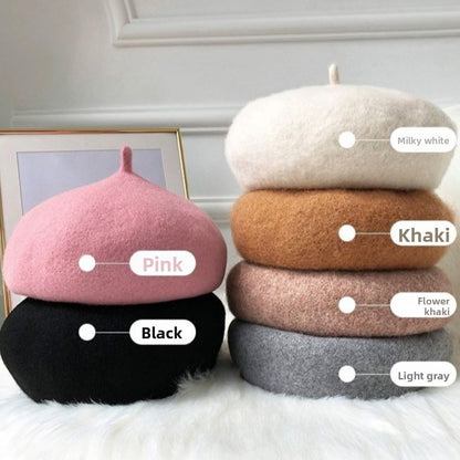 Boina Nuvem Feminina Confortável de Lã Pelúcia Quente Estilo Britânico Chapéu Gorro Cor Sólida Elástico Boina Feminina