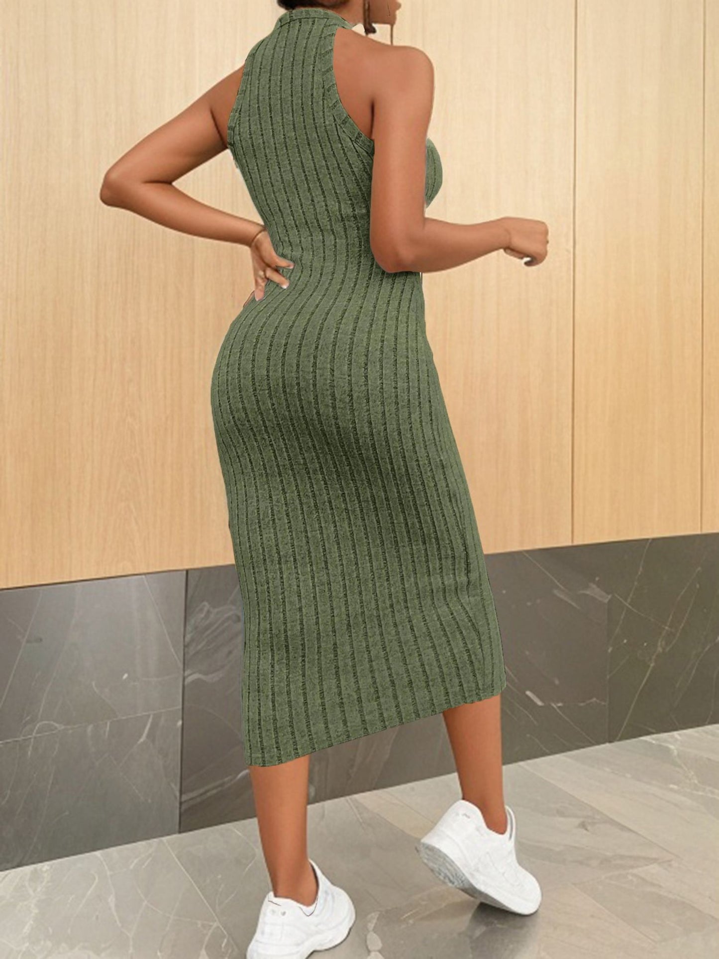 Solid Halter Neck Bodycon Midi Dress High-end temperament vest halter dress wome