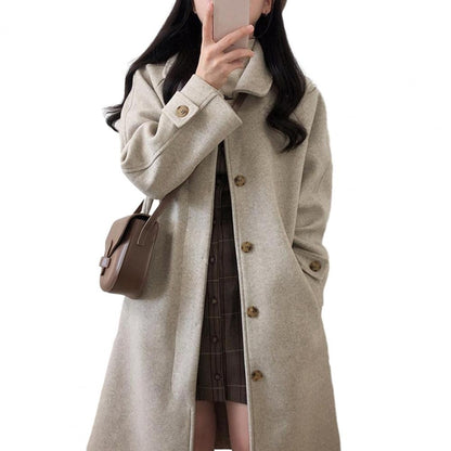 Japanese Style Women Woolen Coat Turn-down Collar Single-breasted Pockets Women Overcoat Front Placket Cardigan Thick Wool Coat
