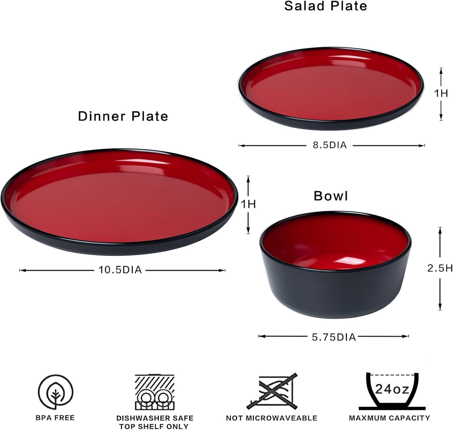 Melamine 12-Piece Modern Dinnerware Set, Kitchen Plates and Bowls Sets, Luxury 2 tone Red and Black Ceramic look Dish Set for 4.