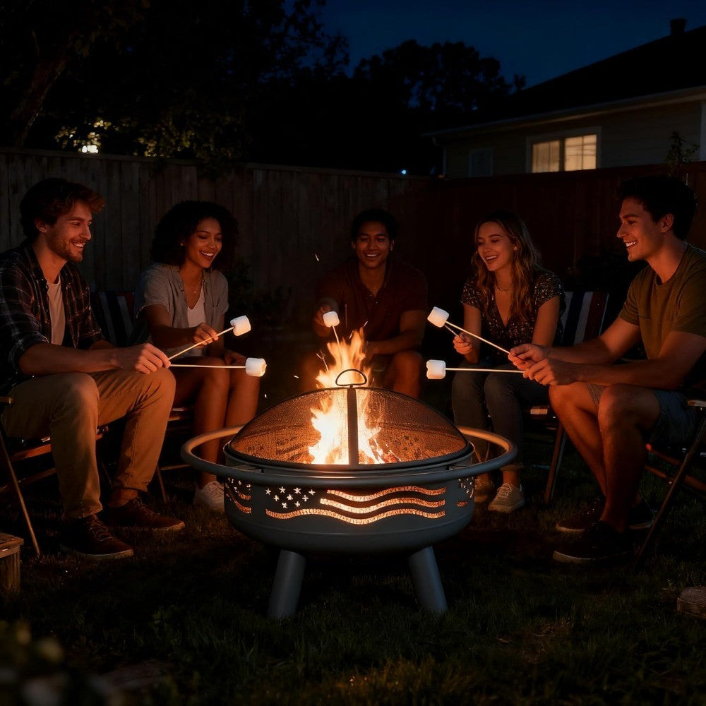 American Flag Fire Pit with Mesh Cover & Poker, Round Metal Wood Burning Outdoor Firepit for Patio, Garden, Backy